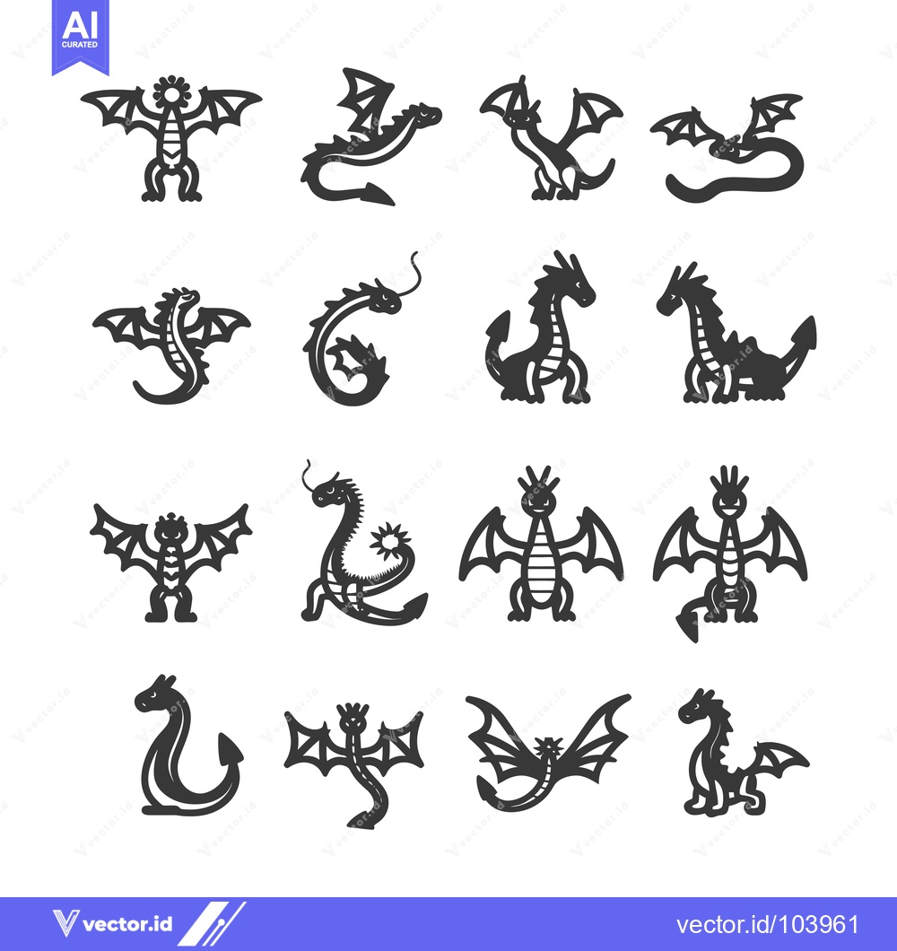 Premium Vector dari Sixteen Stylized Black Dragon Silhouettes