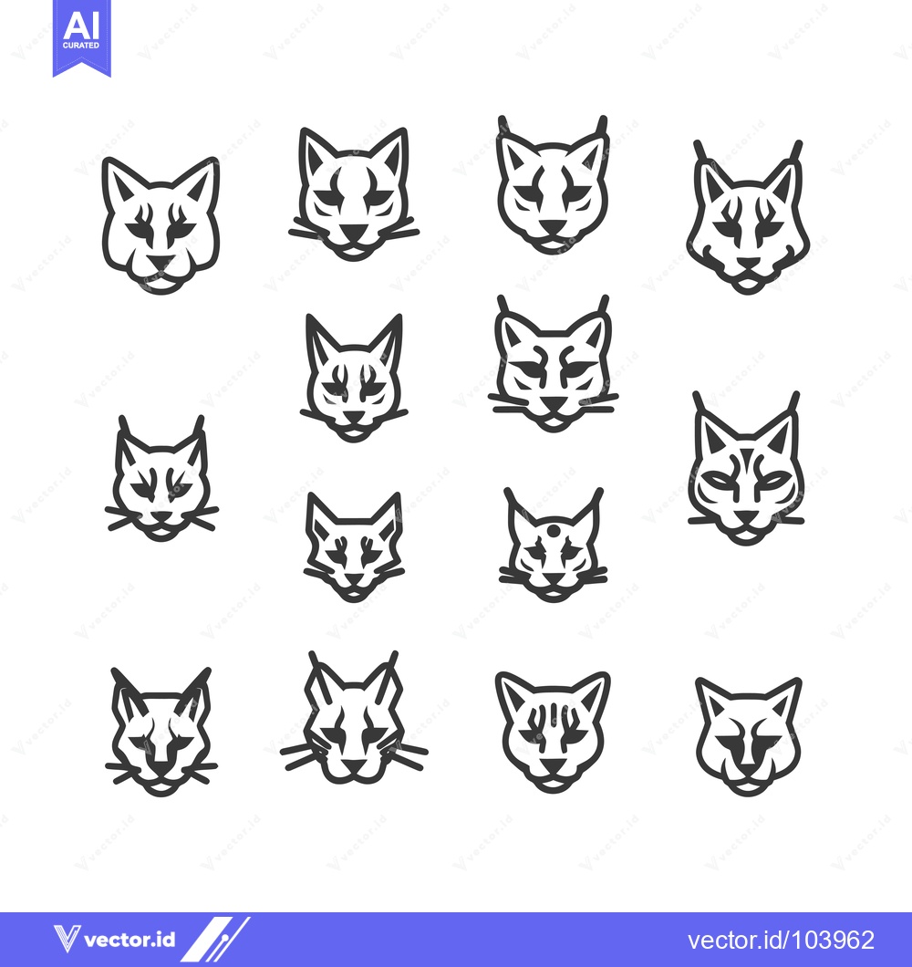 Premium Vector of Sixteen Stylized Cat Head Illustrations in Black and White