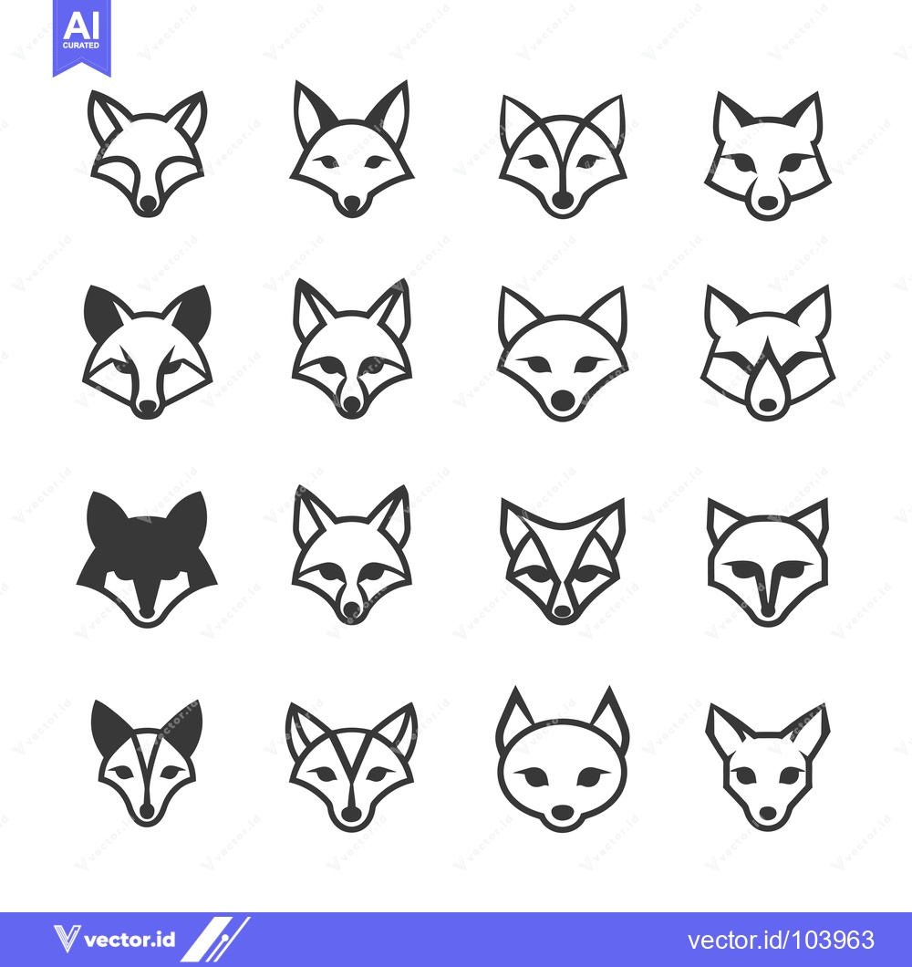 Premium Vector dari Sixteen Stylized Fox Head Illustrations in Black and White
