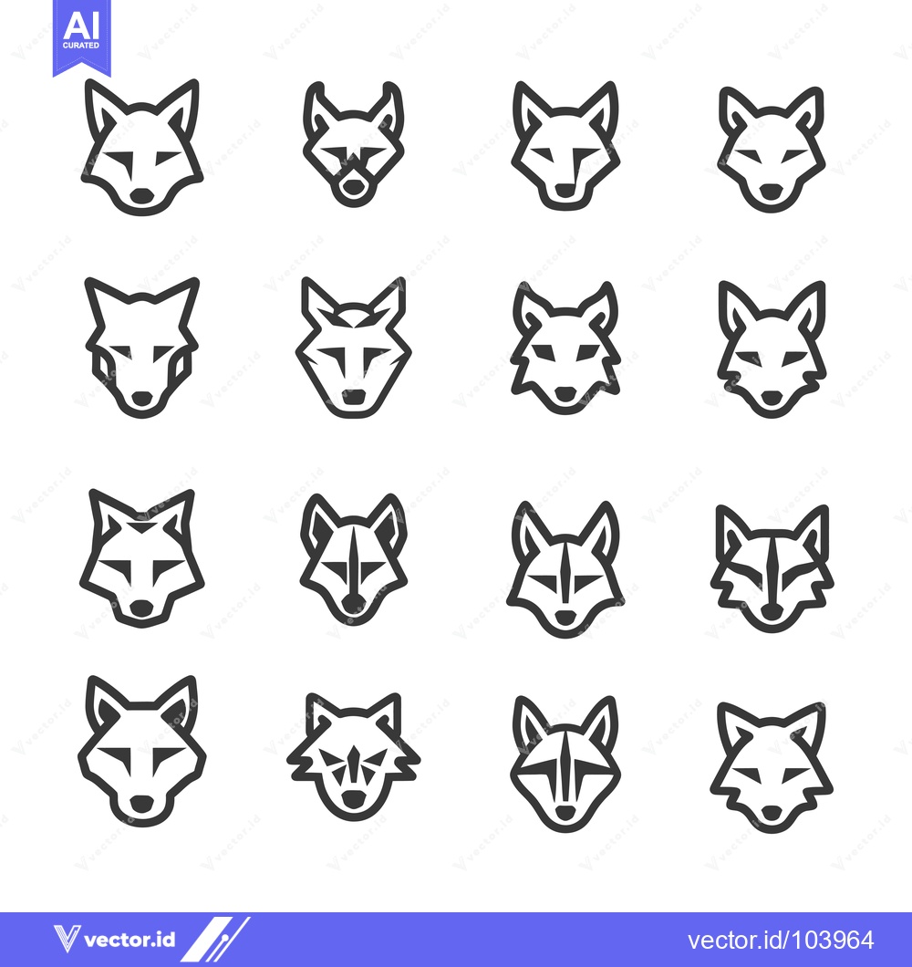 Premium Vector dari Sixteen Stylized Wolf Head Icons in Black and White