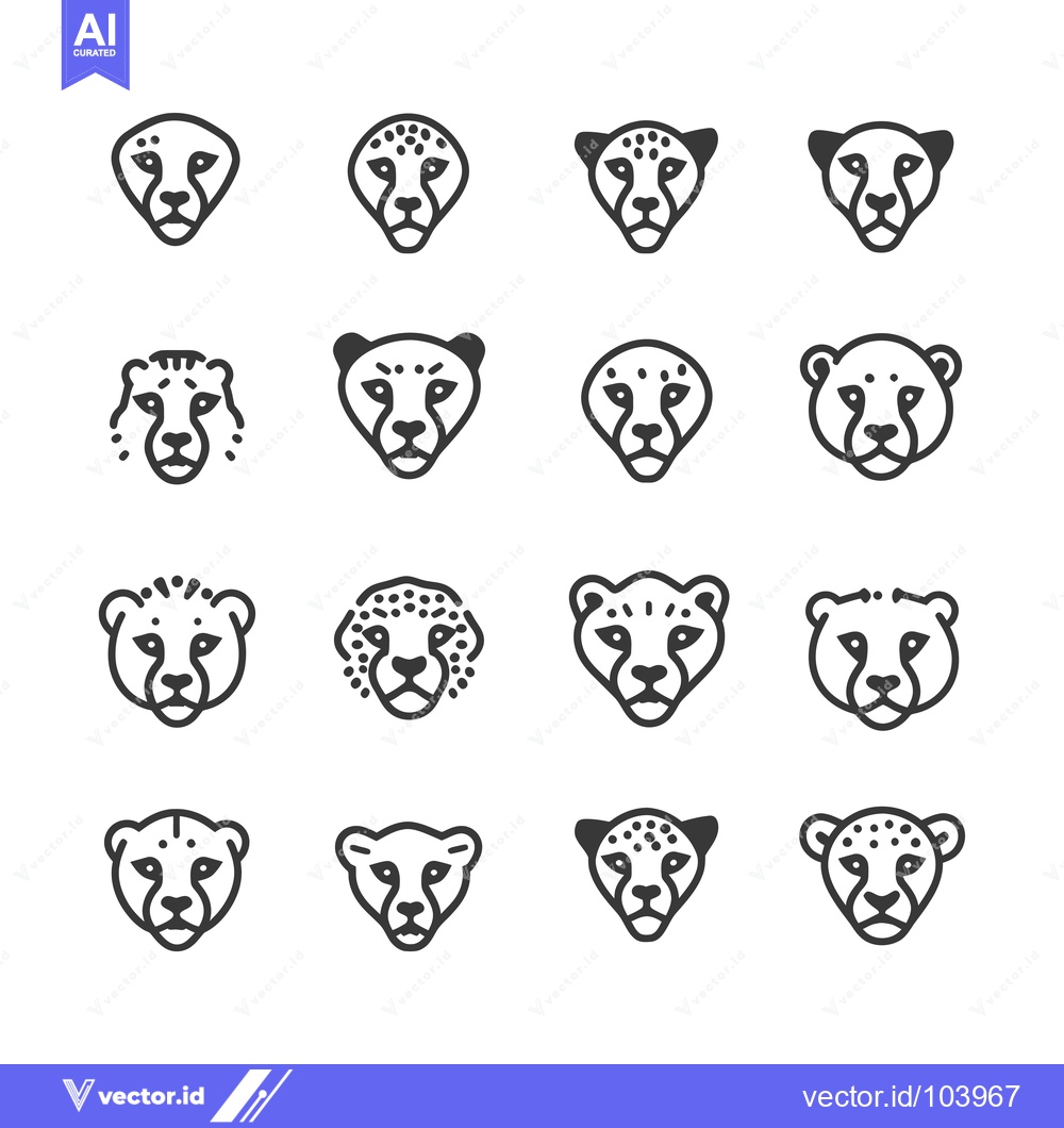 Premium Vector of Sixteen Unique Line Drawings of Cheetah Heads