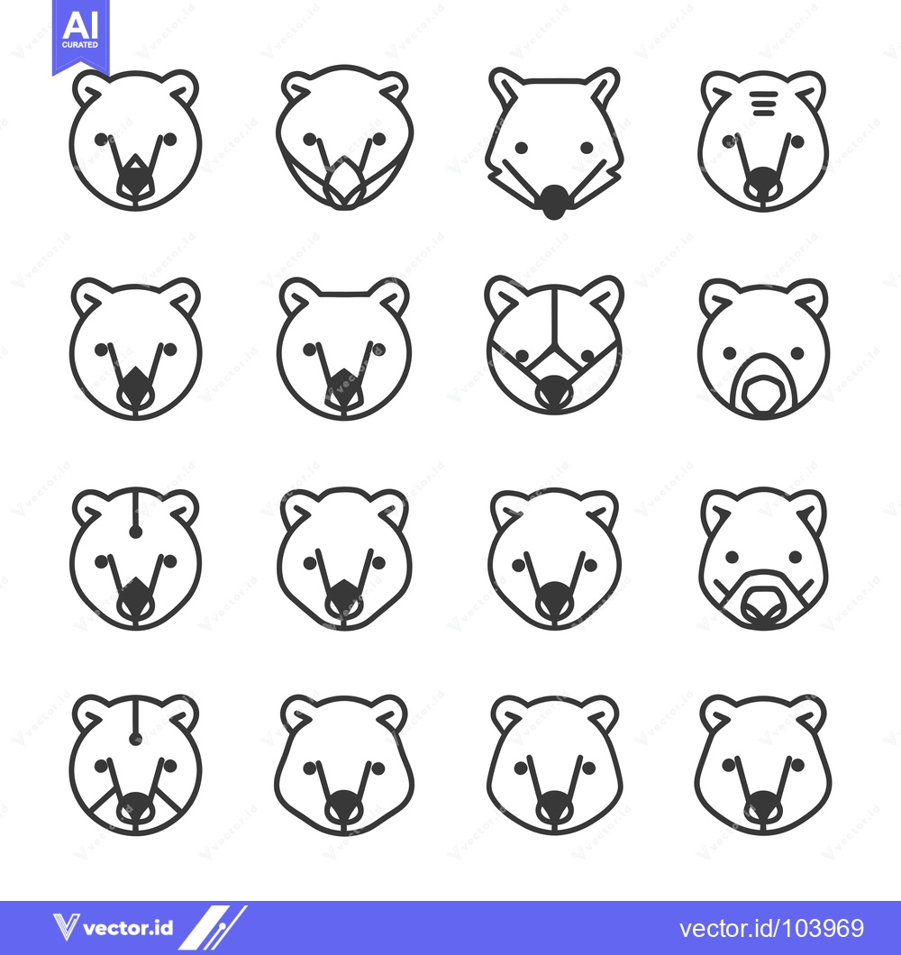 Premium Vector of Sixteen Variations of a Bear Face Line Icon