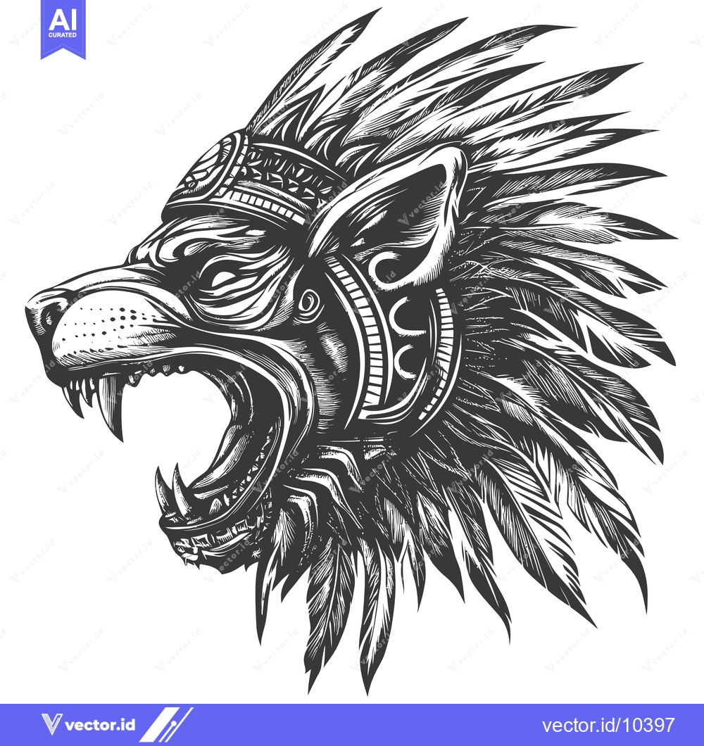 Premium Vector of A Black and White Illustration of a Wolf's Head with Feathers
