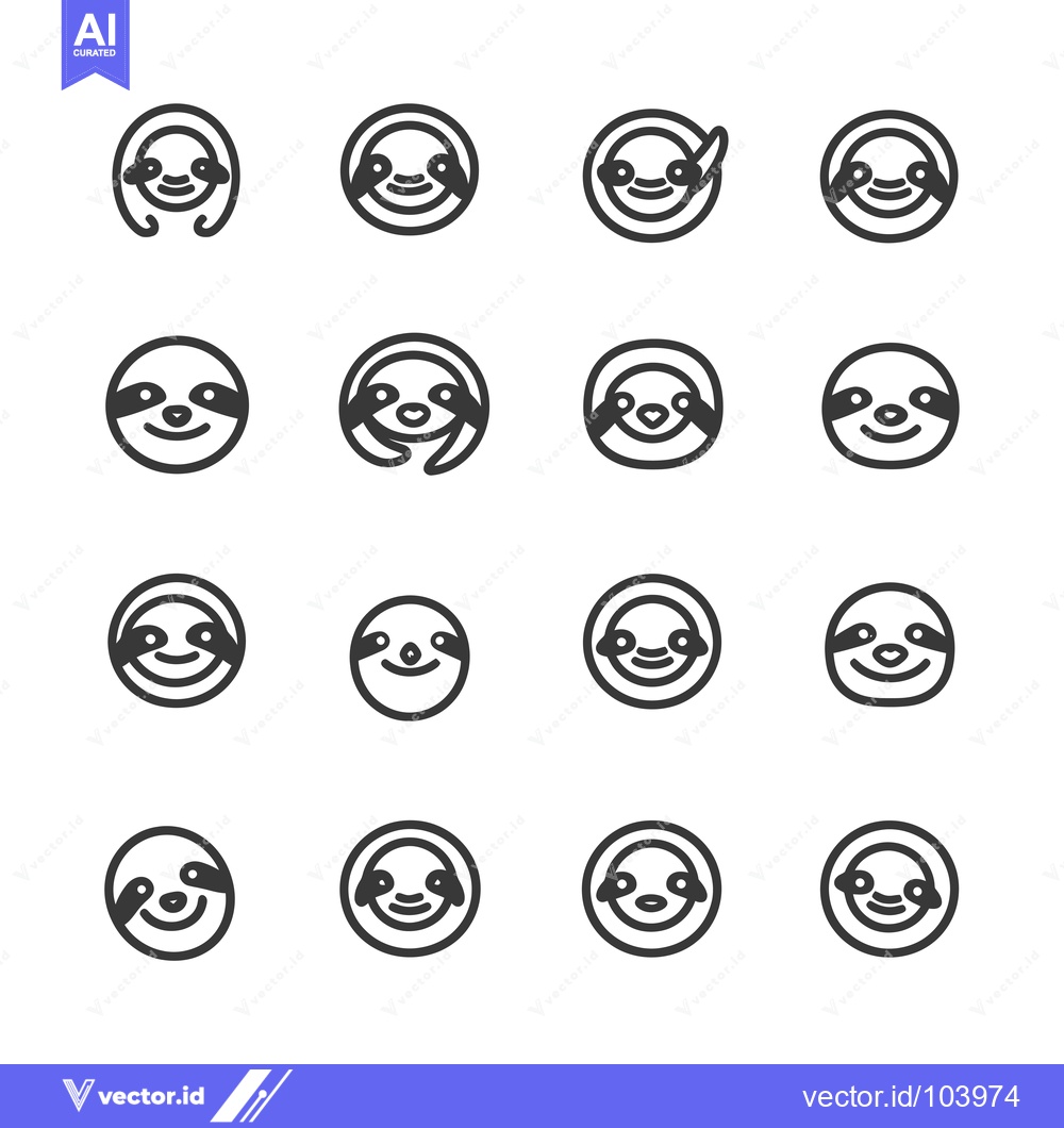 Premium Vector dari Sixteen variations of a smiling sloth face icon in black and white.