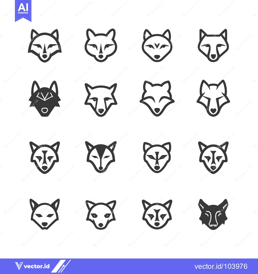 Premium Vector dari Sixteen Variations of a Wolf Head Icon in Black and White