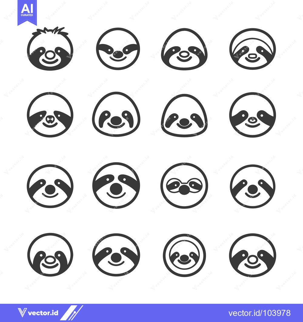 Premium Vector of Sixteen Variations of Cartoon Sloth Faces in Black and White