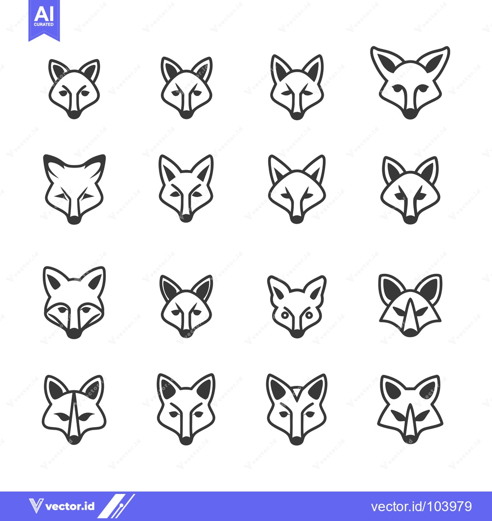 Premium Vector of Sixteen Variations of Fox Head Icons in Black and White
