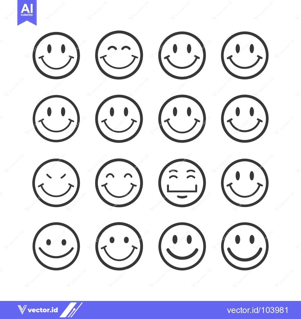 Premium Vector dari Sixteen variations of smiling emoticons in a grid pattern.
