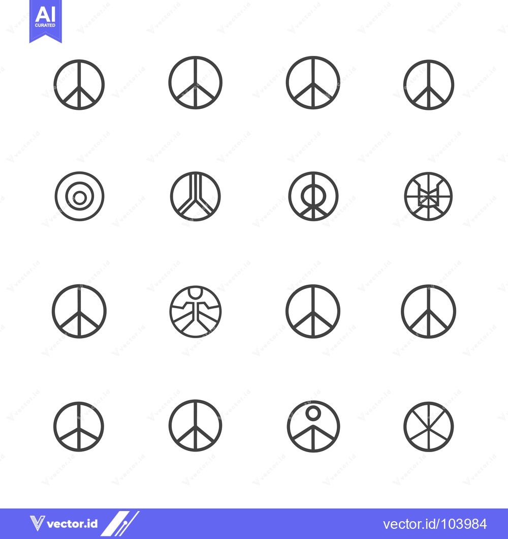 Premium Vector of Sixteen Variations of the Peace Symbol, Black and White Line Art