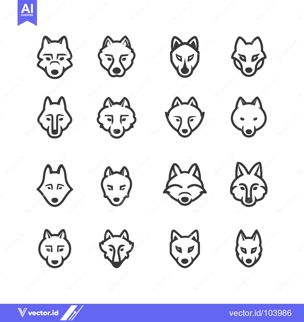 Premium Vector of Sixteen Wolf Head Icons in Black Line Art