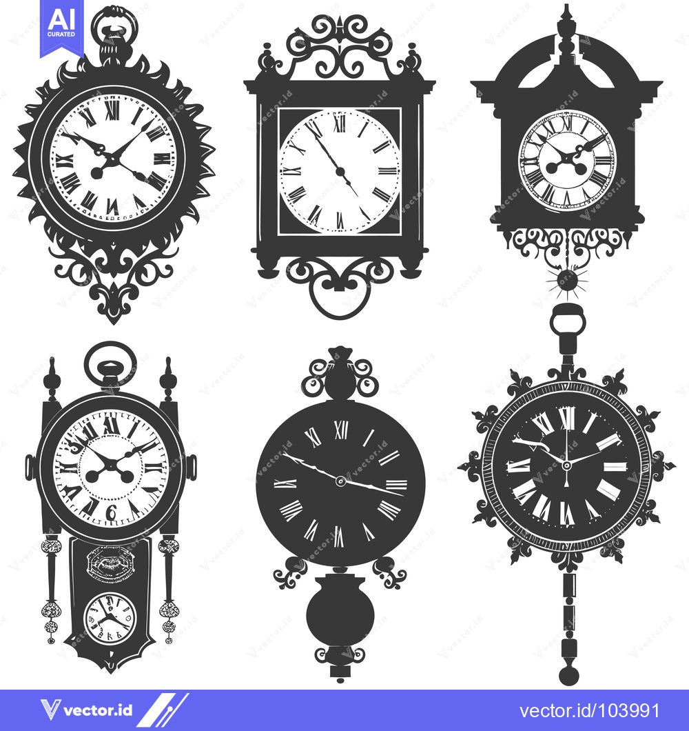Premium Vector dari Six Vintage Ornate Clocks in Black and White Silhouettes