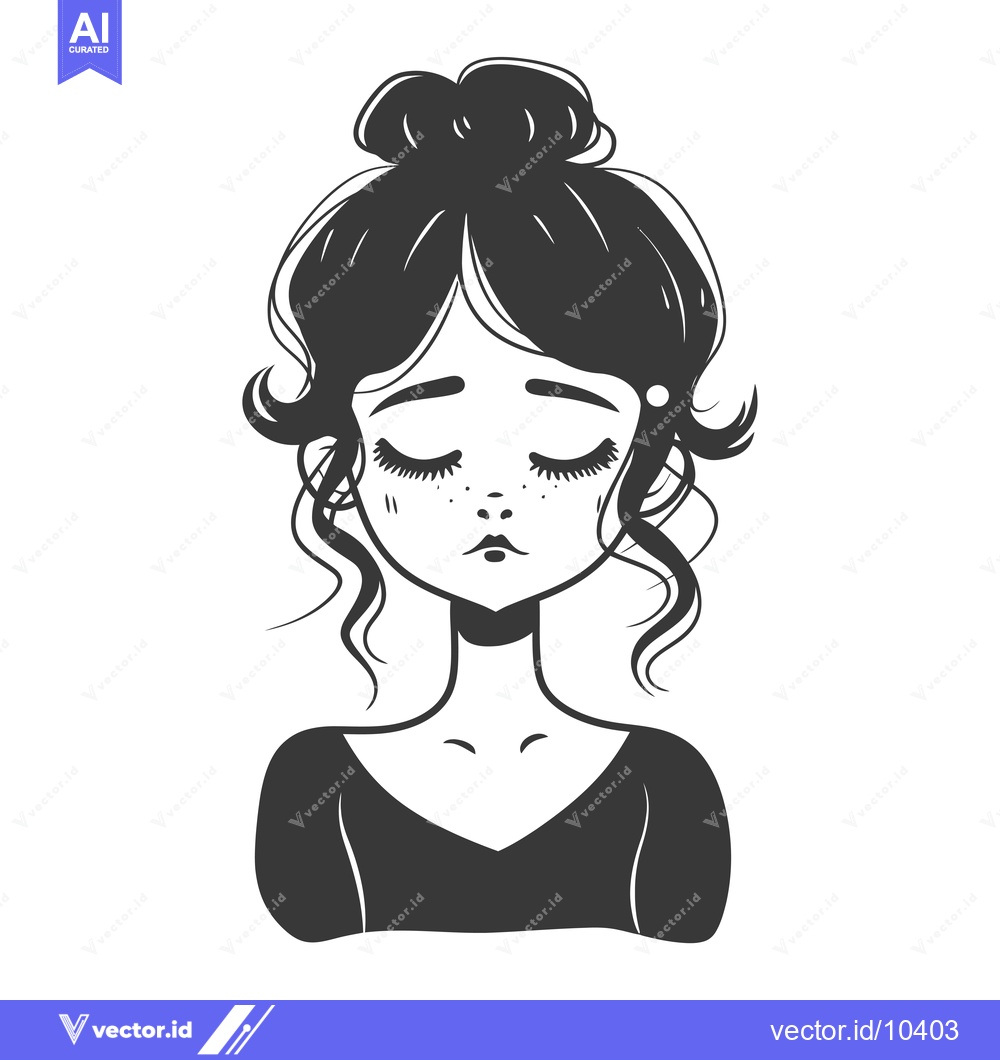 Premium Vector of A black and white illustration of a woman with closed eyes and a bun