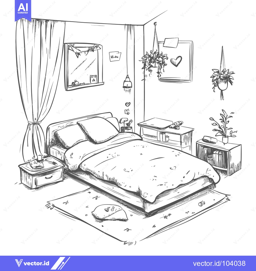 Premium Vector of Sketch of a Bedroom with a Bed, Nightstands, and Plants