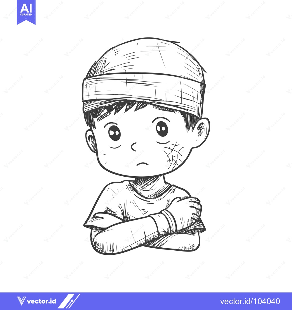 Premium Vector of Sketch of a Boy with a Bandaged Face and Arms Crossed