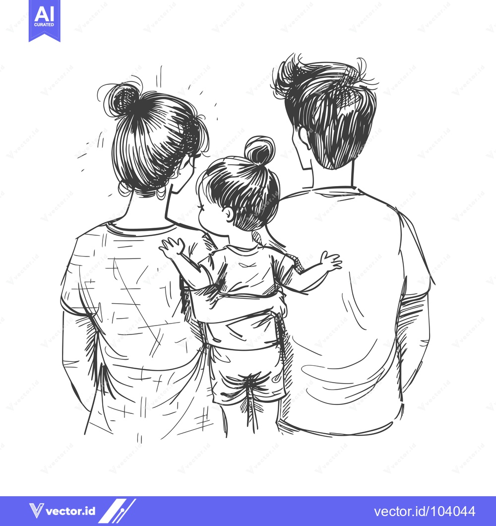 Premium Vector dari Sketch of a Family of Three from the Back