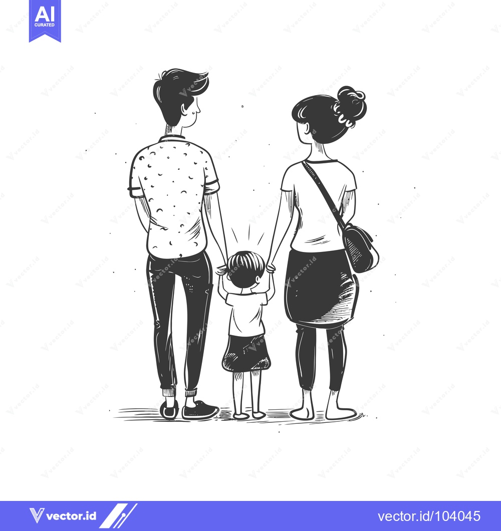 Premium Vector dari A sketch of a family of three, standing in a row, the father and mothe