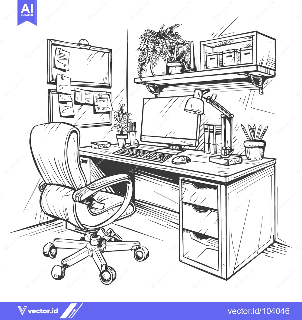 Premium Vector of Sketch of a Home Office with a Desk, Chair, and Plants