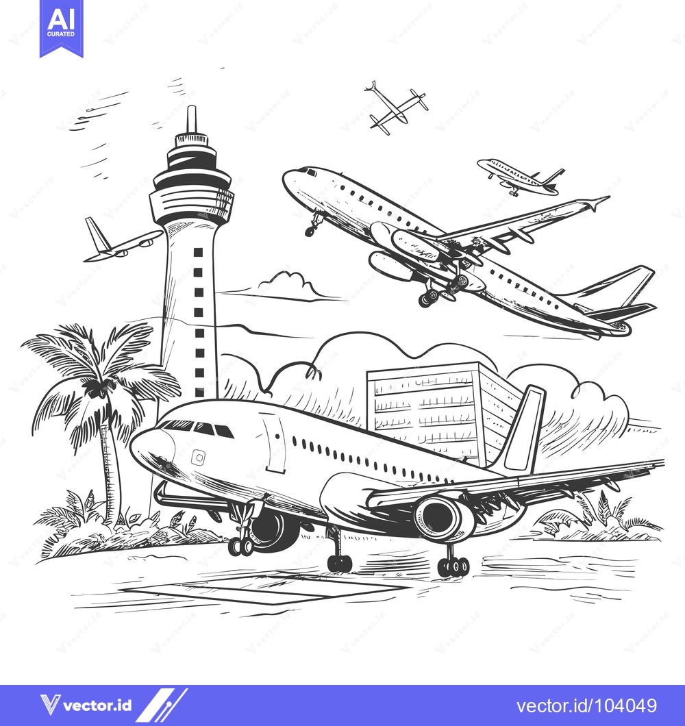 Premium Vector of Sketch of an Airplane Landing at a Tropical Airport