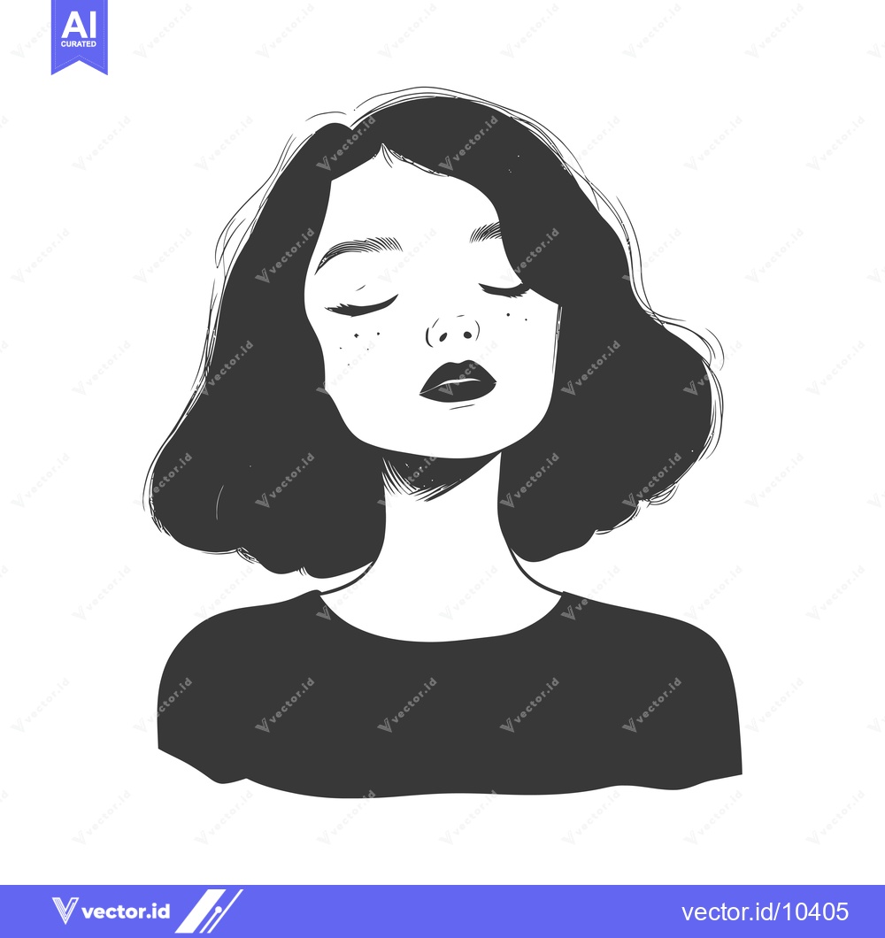 Premium Vector of A Black and White Illustration of a Woman with Short Hair and Closed E