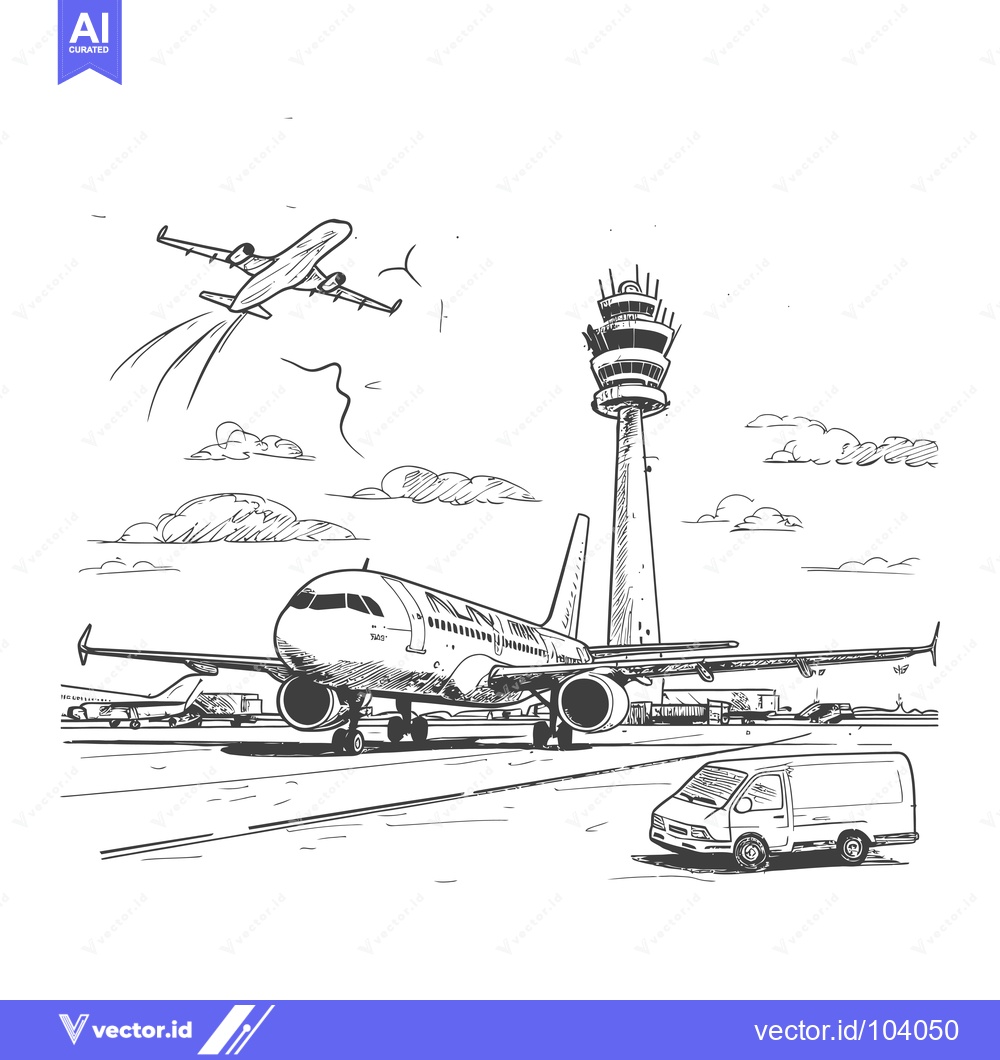 Premium Vector dari Sketch of an airplane taxiing on the runway at an airport