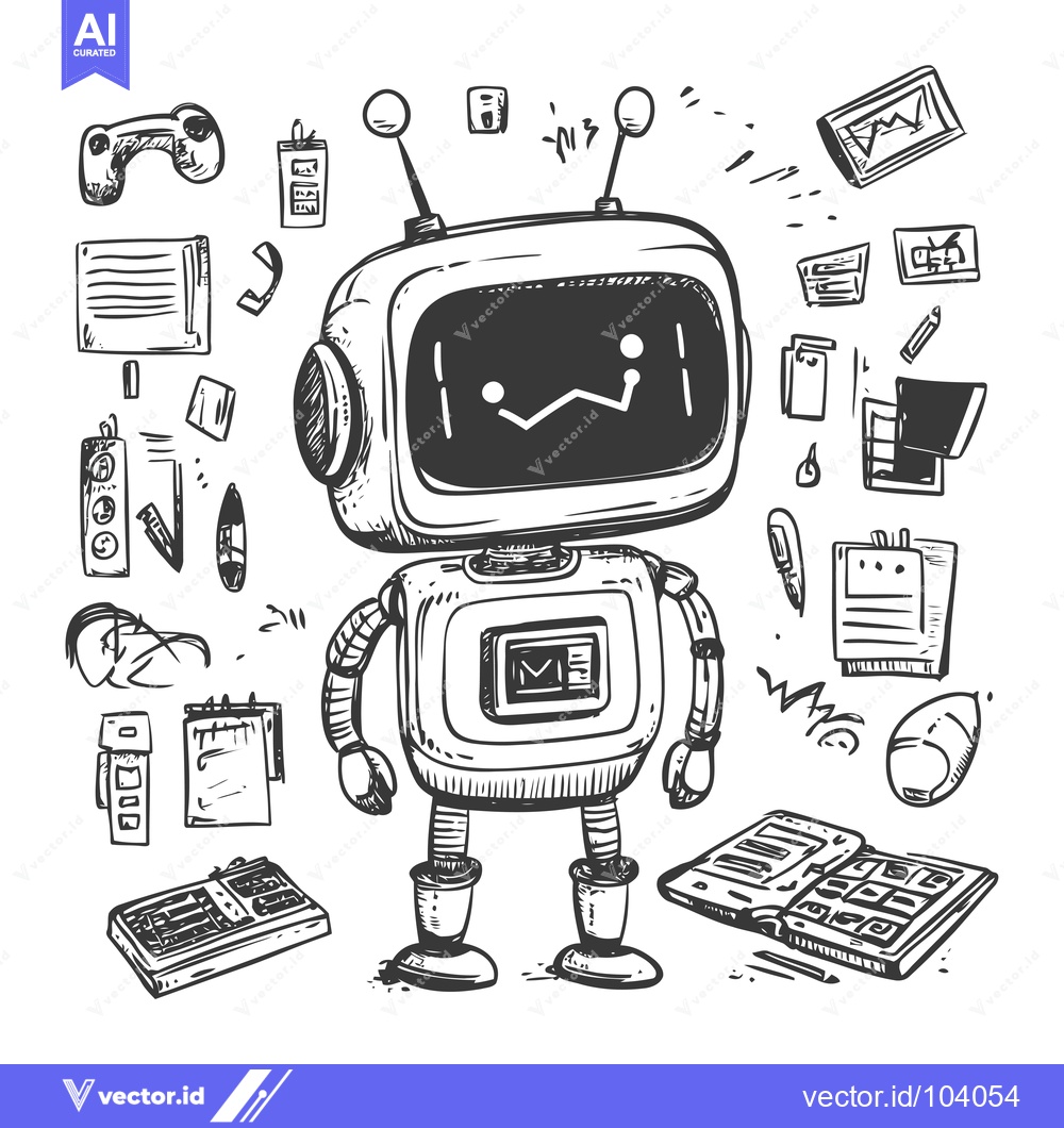 Premium Vector of Sketch of a Robot Surrounded by Office Supplies