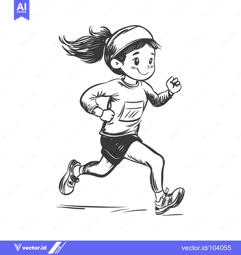 Premium Vector dari Sketch of a Smiling Girl Running with a Ponytail