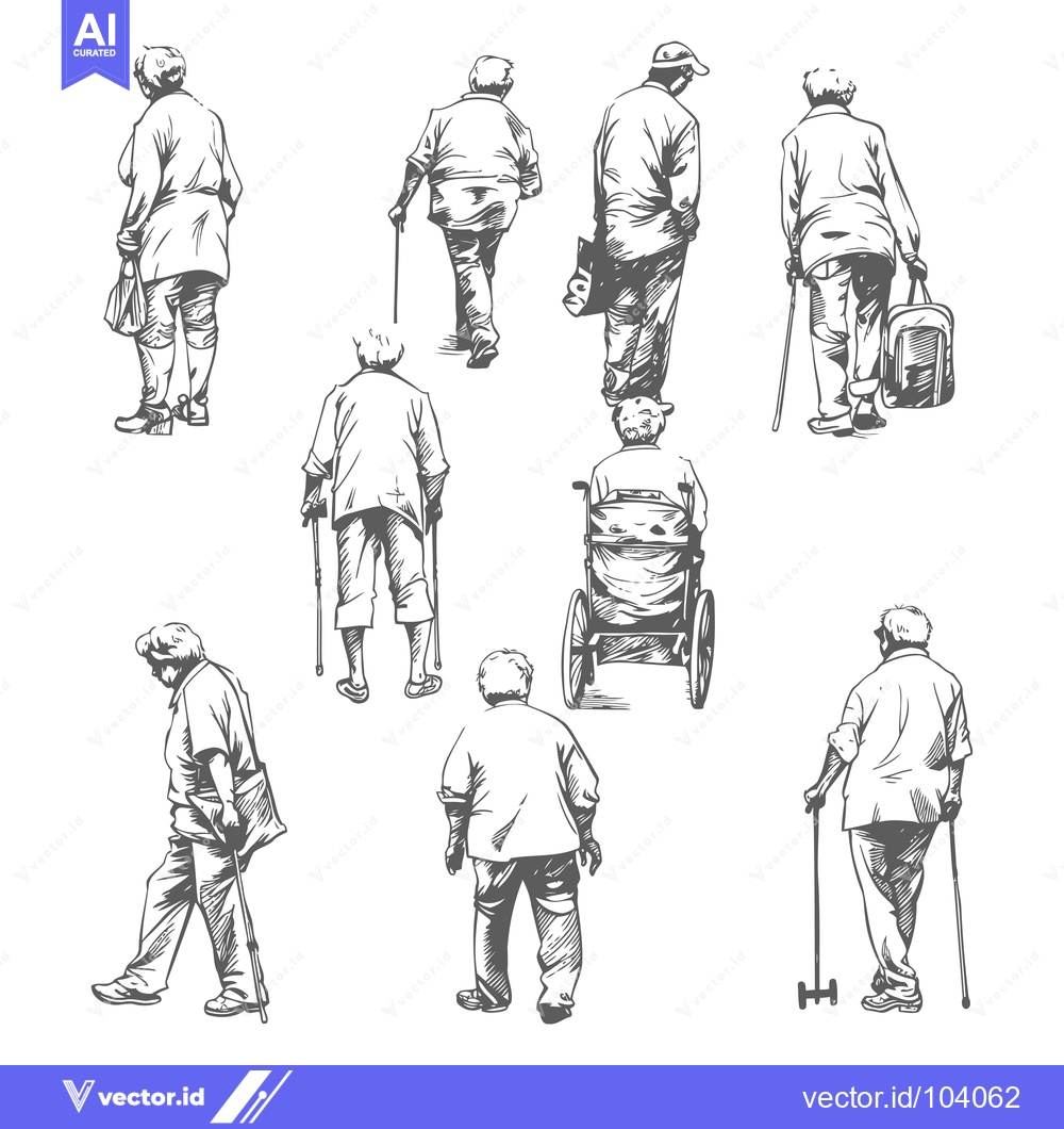 Premium Vector dari Sketch of Elderly People Walking and in a Wheelchair