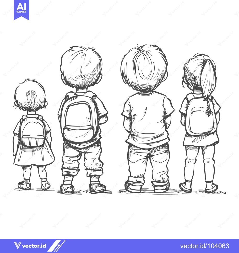 Premium Vector dari Sketch of Four Children with Backpacks Standing Back-to-Back