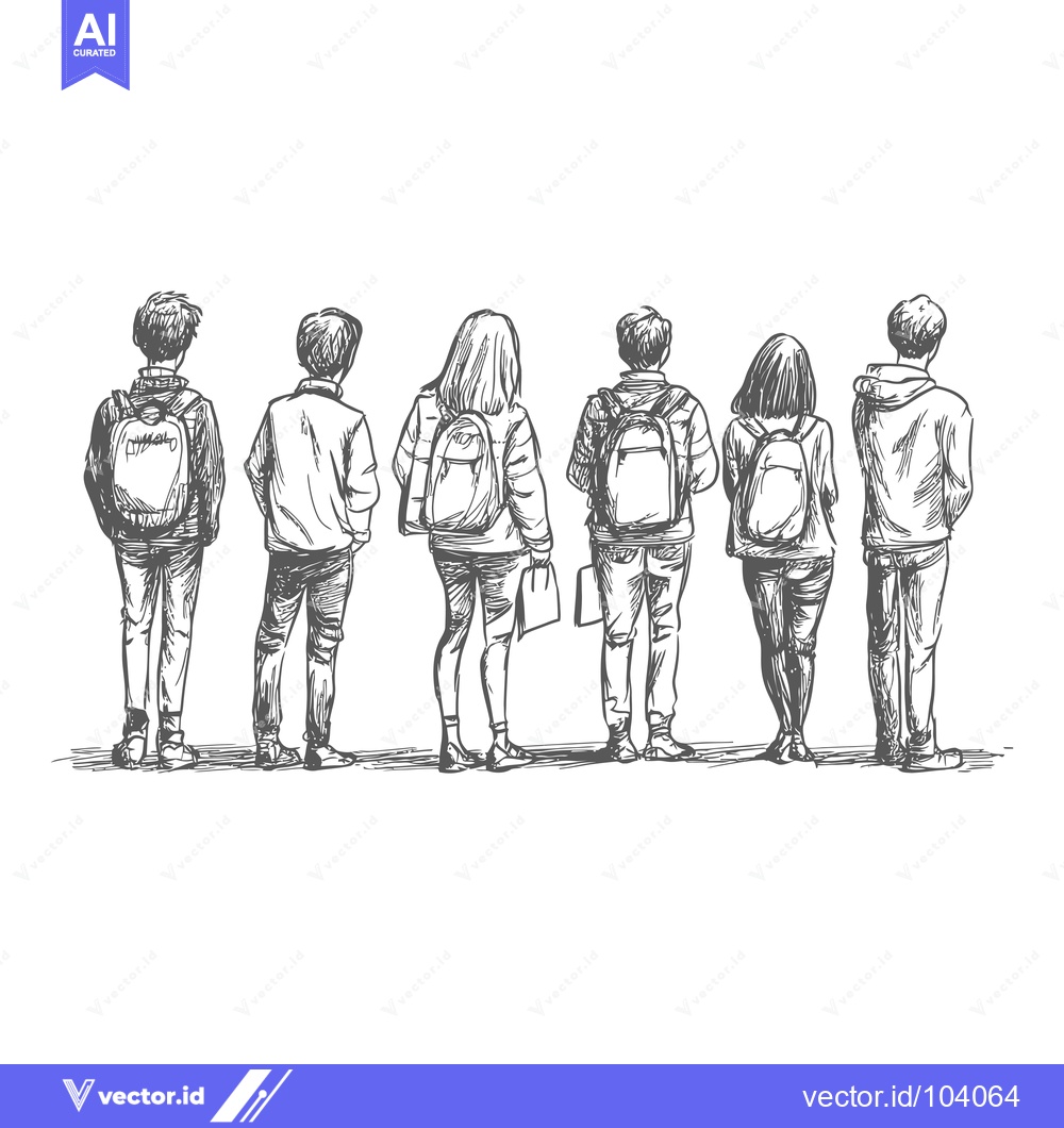Premium Vector of Sketch of Six People with Backpacks Standing in a Line