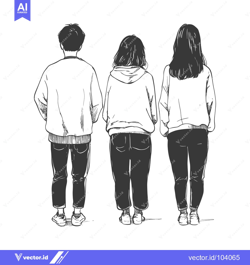 Premium Vector dari Sketch of Three People Standing Back to Back