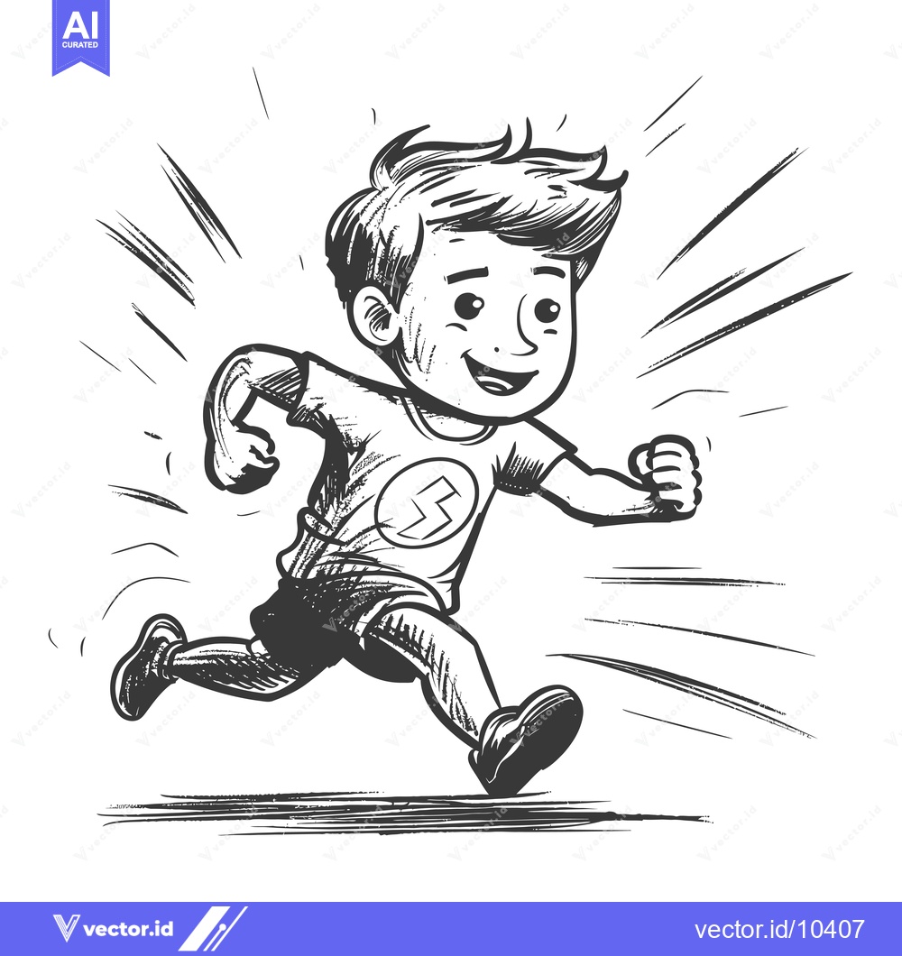 Premium Vector of A black and white illustration of a young boy running with a determine