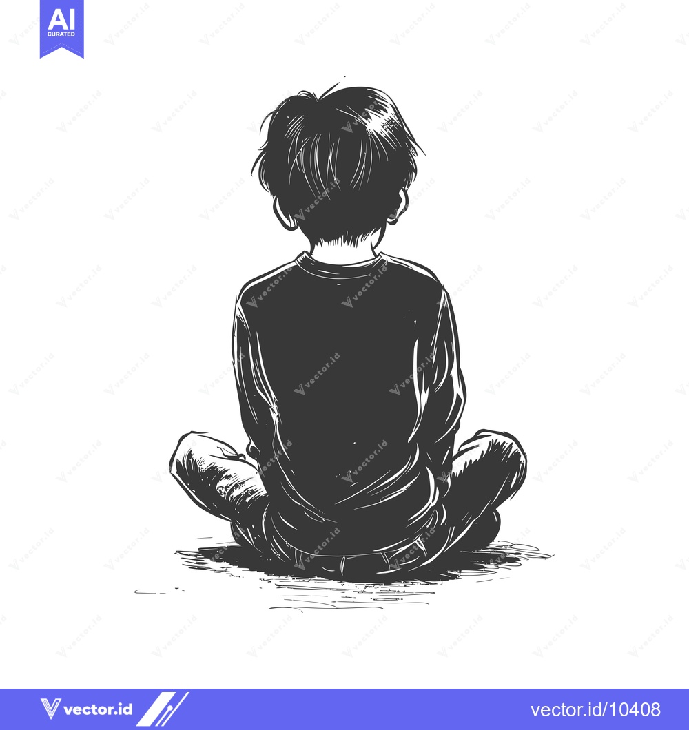 Premium Vector dari A black and white illustration of a young boy sitting with his back to