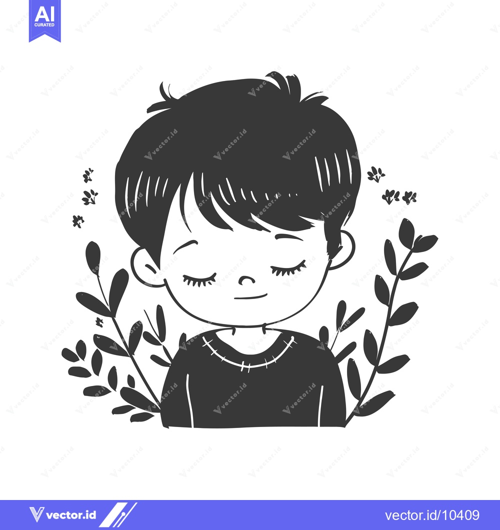 Premium Vector dari A black and white illustration of a young boy with closed eyes surroun