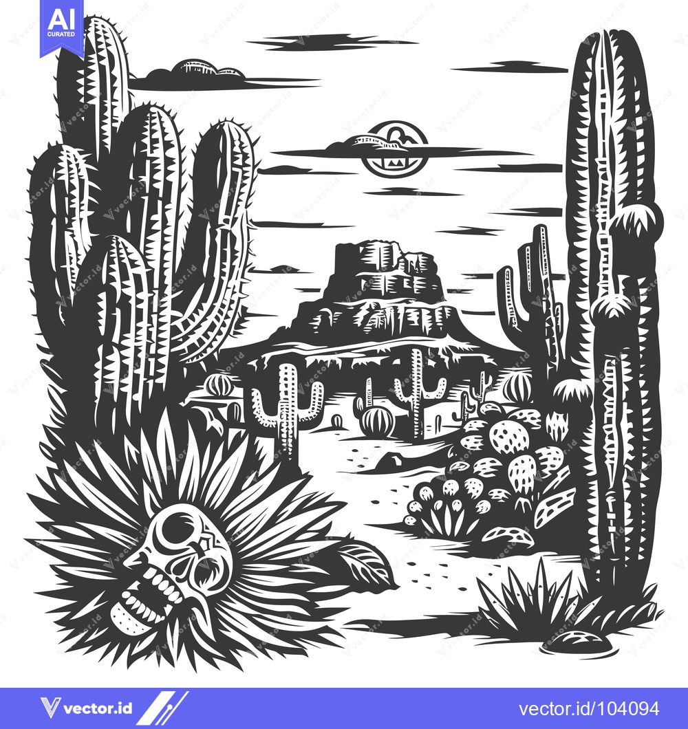 Premium Vector of Skull Emerging from Desert Flower with Cacti and Rock Formations
