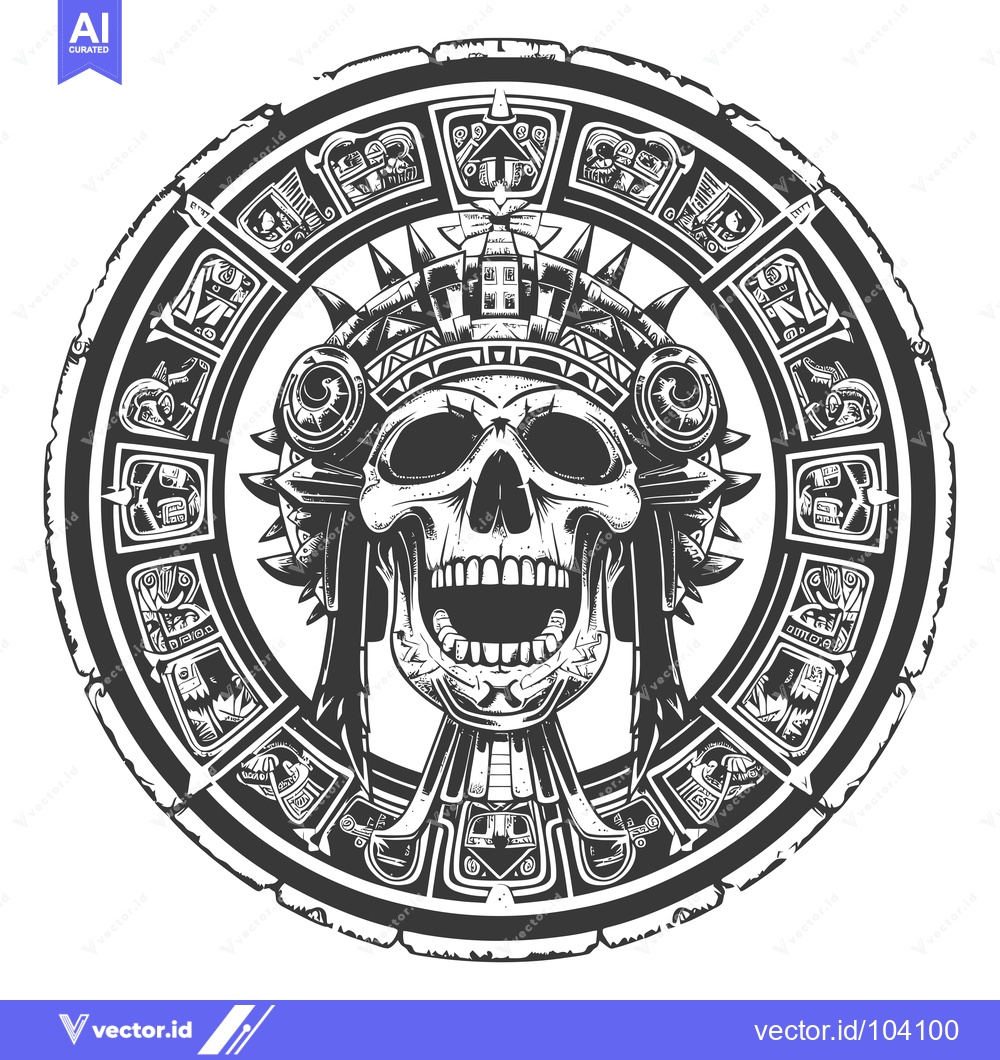 Premium Vector dari Skull in Aztec Calendar Round Decorated with Symbols