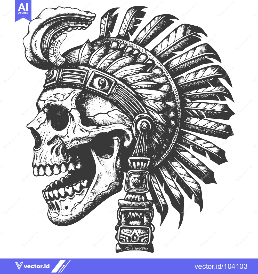 Premium Vector dari Skull in Native American Headdress with Feathers and Ornament