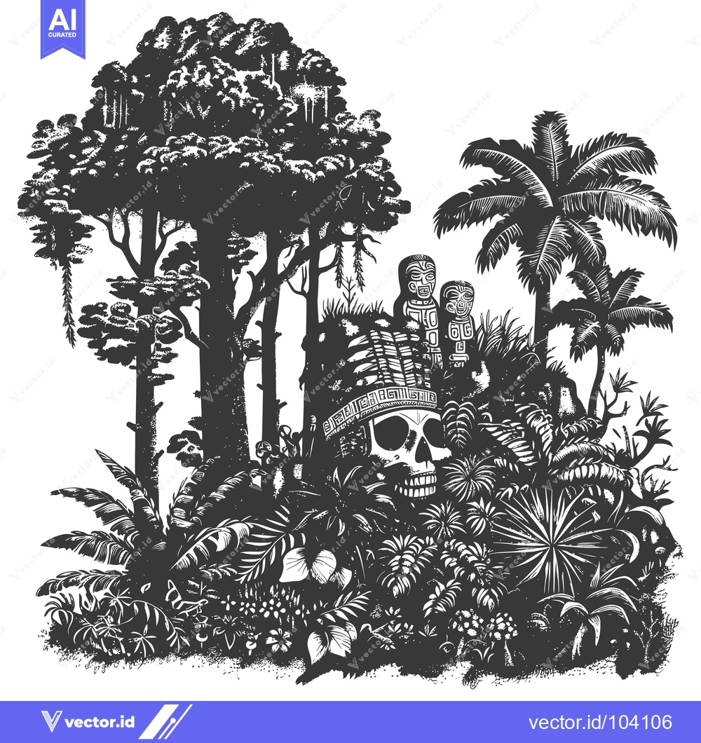 Premium Vector dari Skull in Tropical Jungle with Tribal Masks