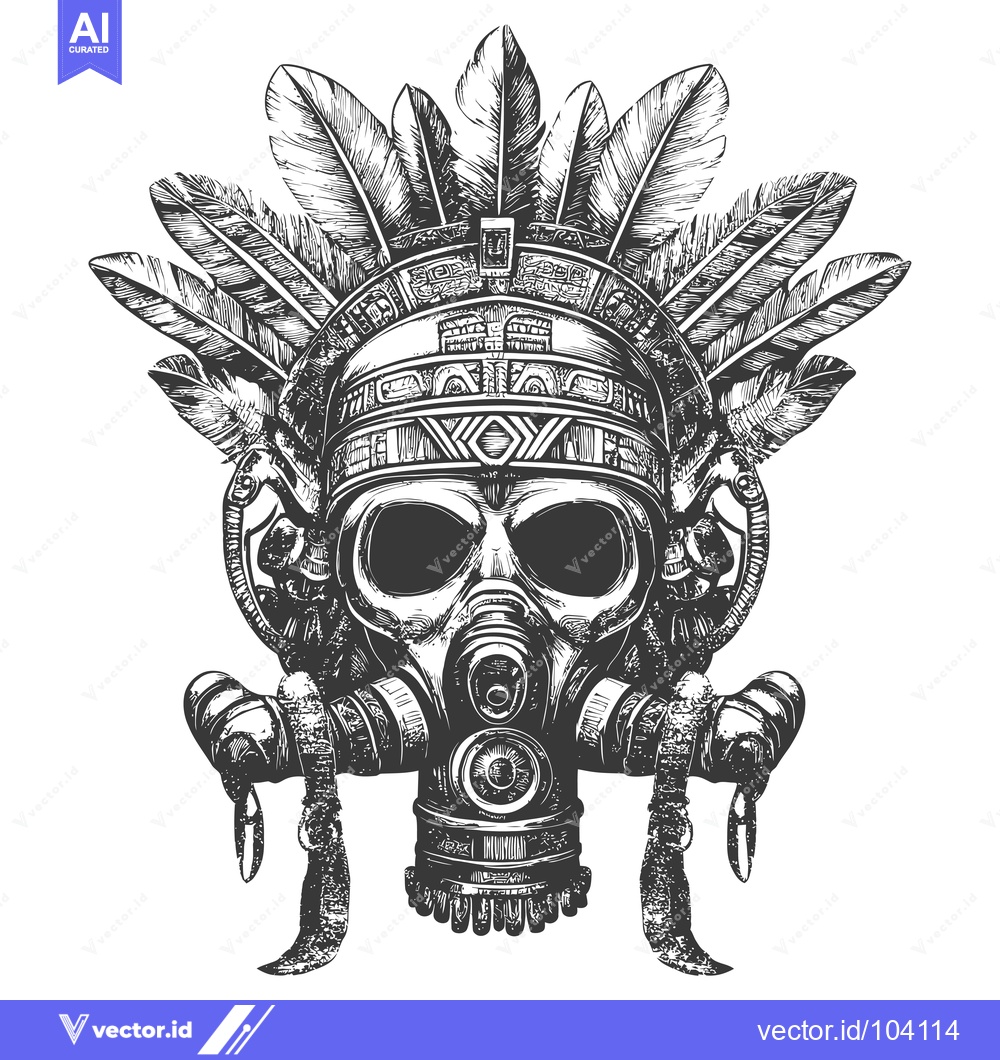 Premium Vector of Skull Wearing a Gas Mask and Feather Headdress