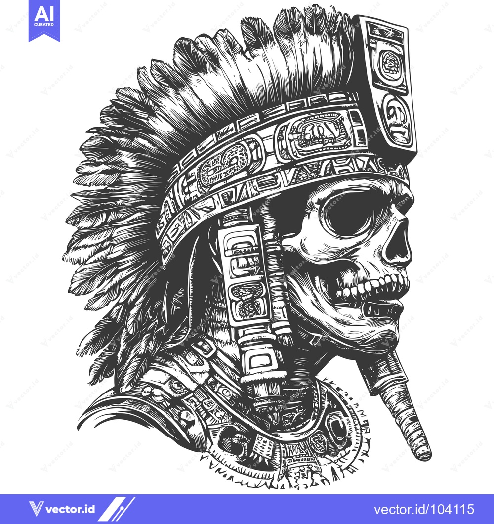 Premium Vector of Skull Wearing an Aztec Headdress with Feathers