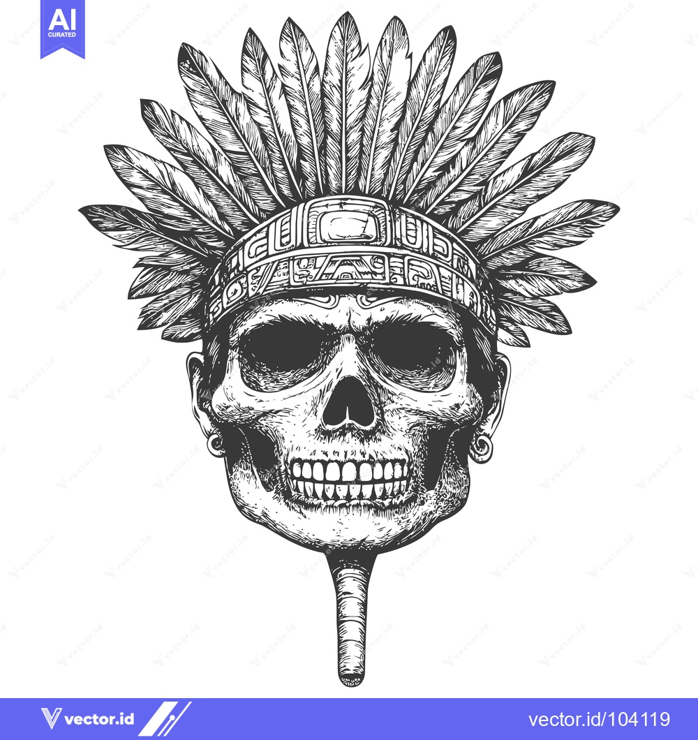 Premium Vector of Skull with a Headdress of Feathers and a Ceremonial Band