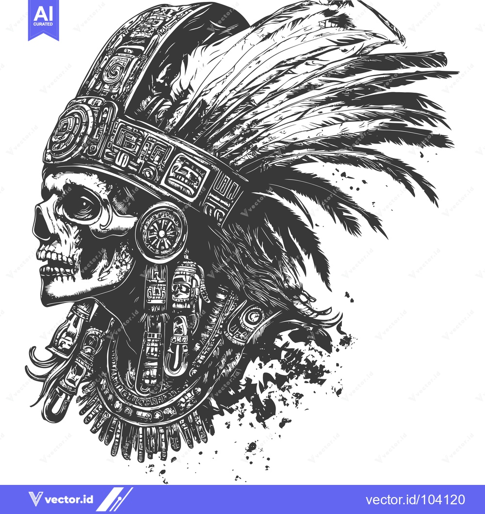 Premium Vector dari Skull with Aztec Headwear and Feathers