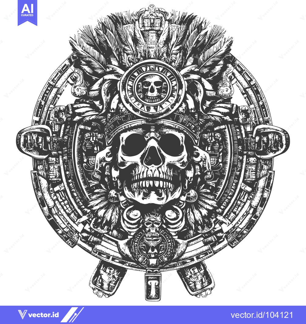 Premium Vector dari Skull with Aztec-Style Ornamentation and Feathers