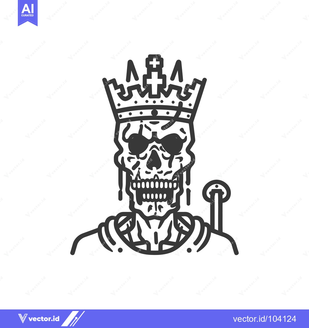 Premium Vector of Skull with Crown and Scepter, Line Art Illustration