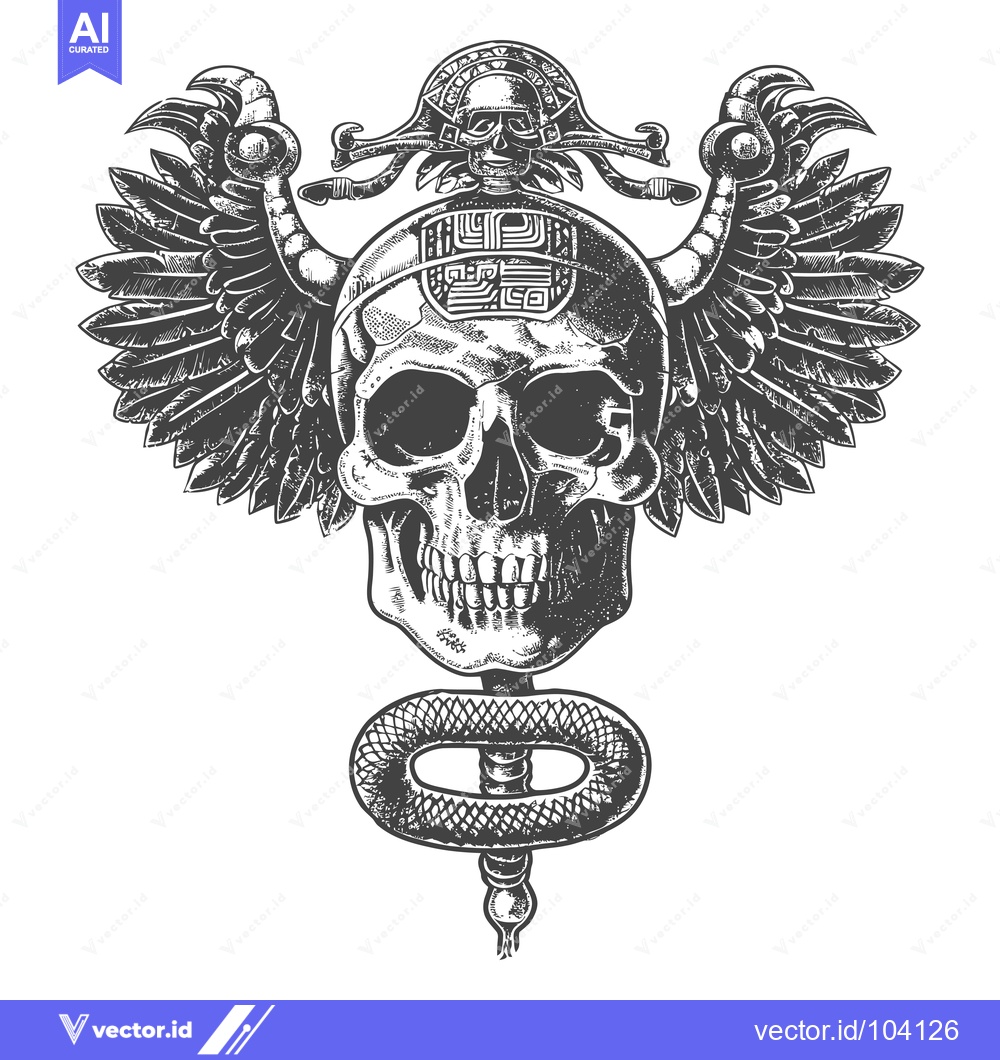 Premium Vector dari Skull with Feathered Wings and Snake Tattoo
