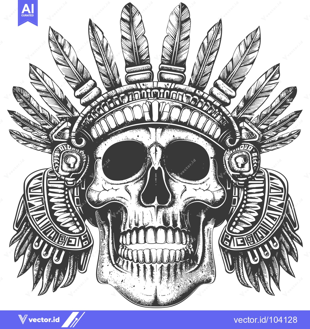 Premium Vector dari Skull with Feathers and Aztec Ornamentation