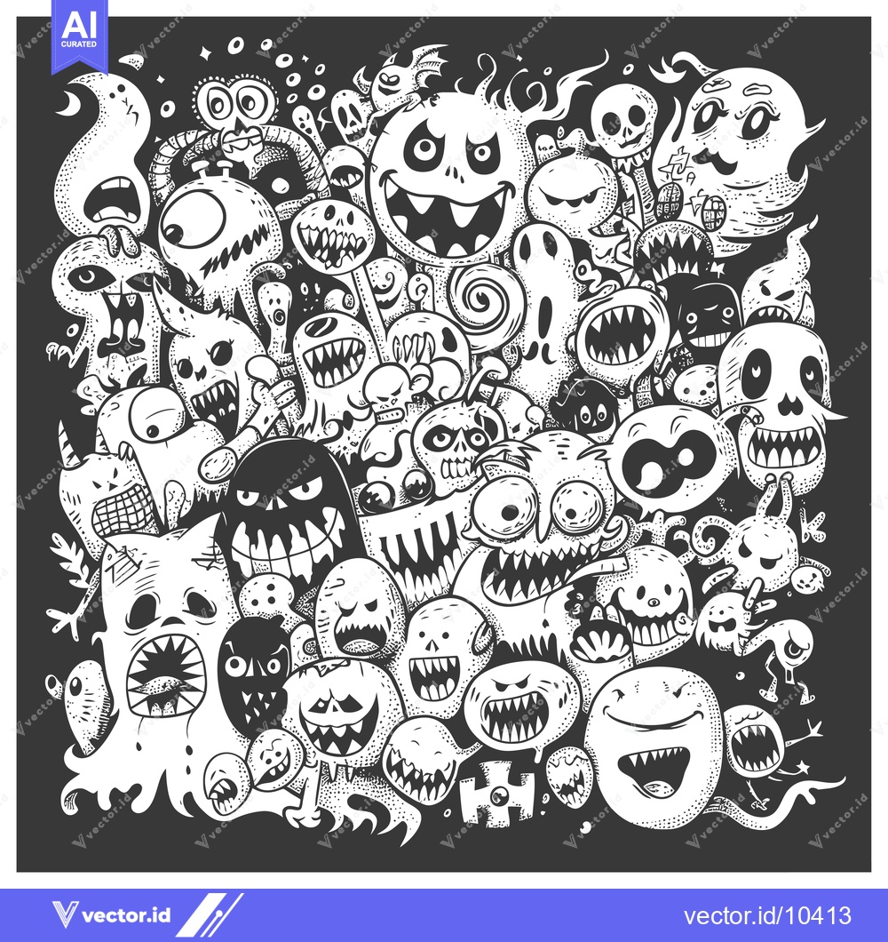Premium Vector dari A Black and White Illustration of Numerous Cartoon Monsters with Vario