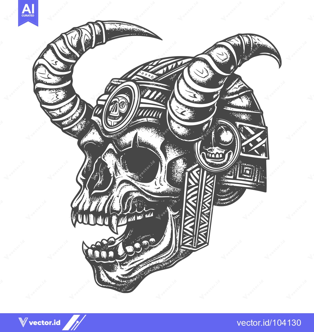 Premium Vector dari Skull with Horns and Tribal Patterned Helmet