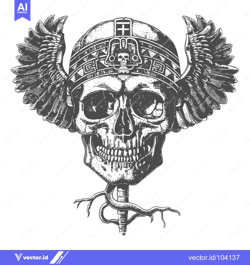 Premium Vector dari Skull with Wings, an Aztec Headdress and a Root