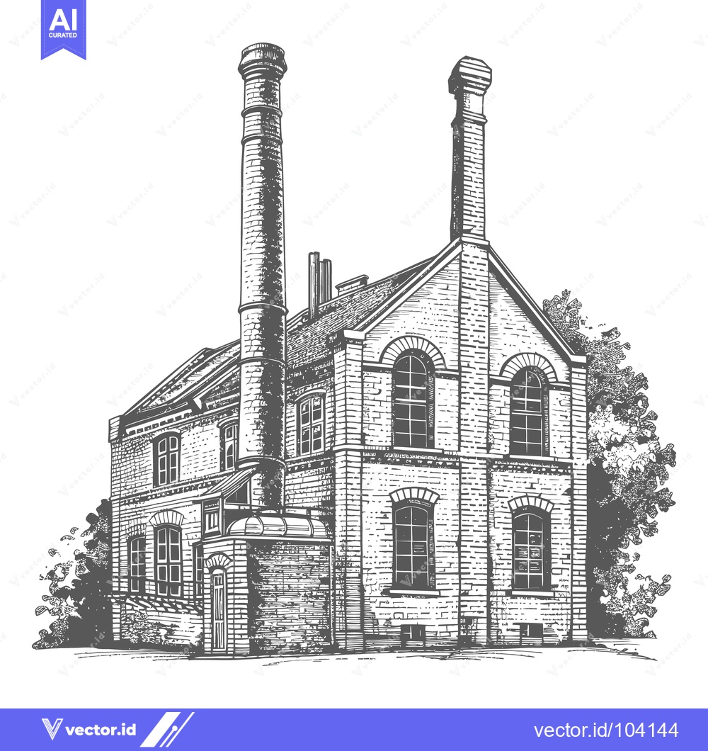 Premium Vector of A detailed black and white illustration of an industrial brick buildin