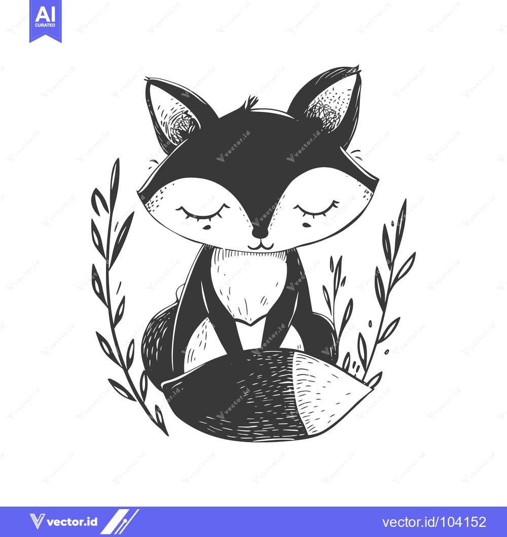 Premium Vector dari Sleeping Fox with Closed Eyes and Tail Curled Up Surrounded by Leaves